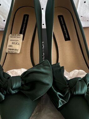 French Connection Emerald Green Bow Satin Kitten Heel Pumps